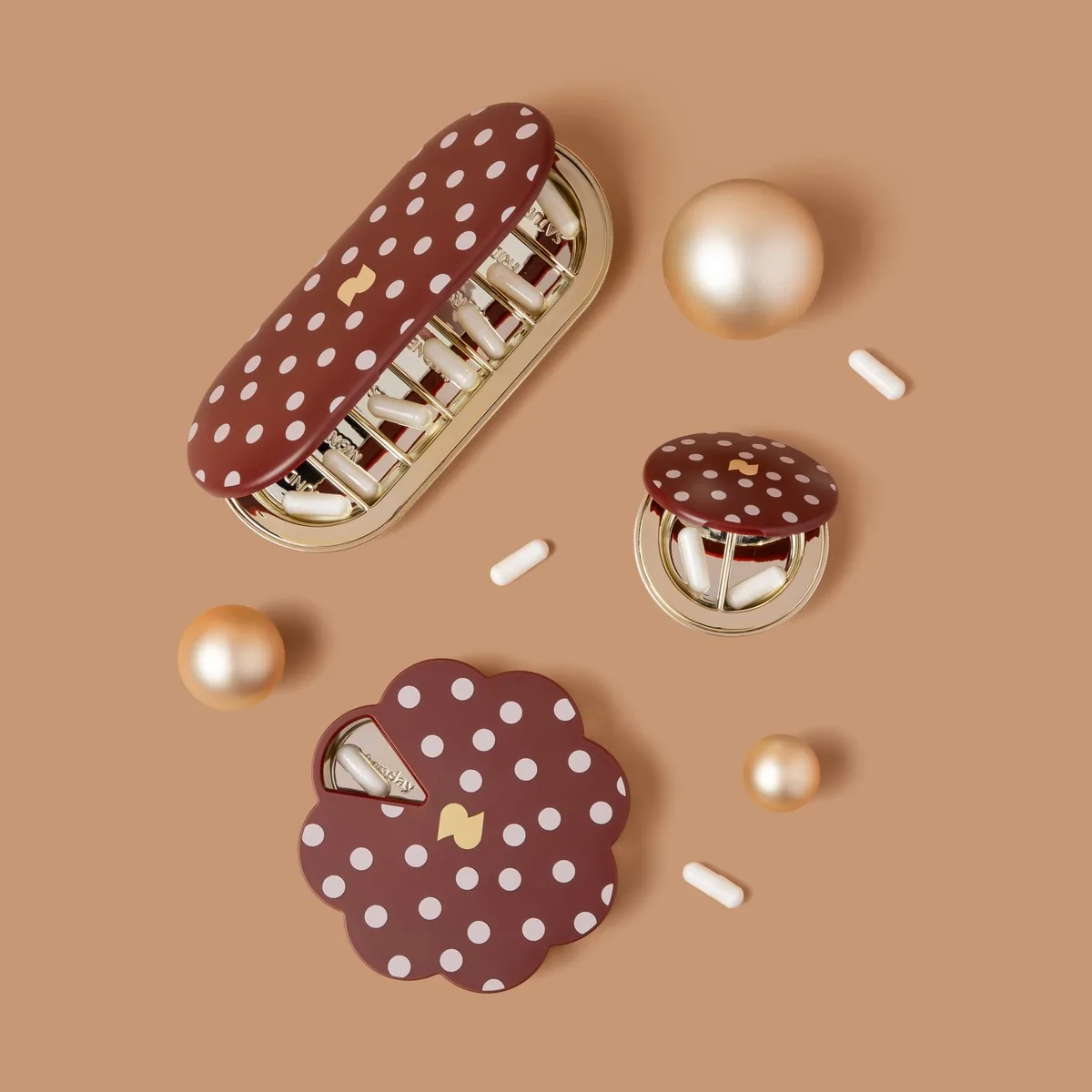 Burgundy Polka Dot 7-Day, Essentials and Twist+Stack with holiday ornaments